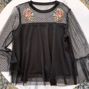 Xhilaration Black Sheer Embroidered Lace Long Sleeve Top ~ Size Small